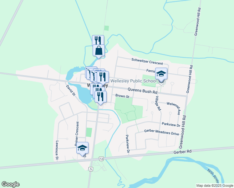 map of restaurants, bars, coffee shops, grocery stores, and more near 1004 Catherine Street in Wellesley