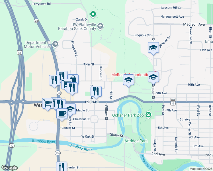 map of restaurants, bars, coffee shops, grocery stores, and more near 213 Campus View Drive in Baraboo