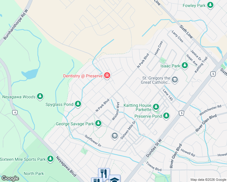 map of restaurants, bars, coffee shops, grocery stores, and more near 3250 Carding Mill Trail in Oakville
