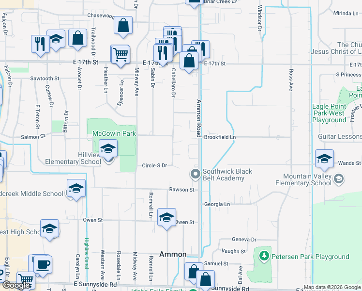 map of restaurants, bars, coffee shops, grocery stores, and more near 2335 Cabellaro Drive in Ammon