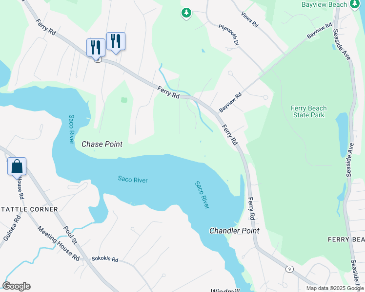 map of restaurants, bars, coffee shops, grocery stores, and more near 19 Windy Point Lane in Saco