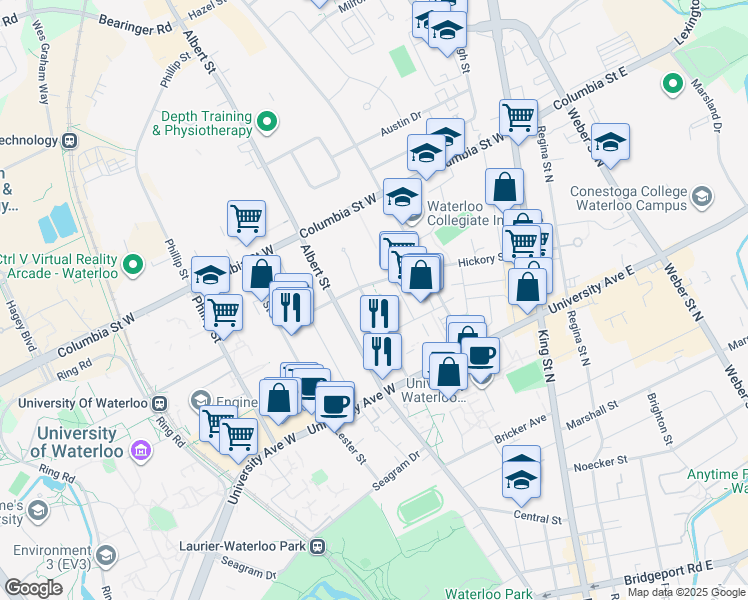 map of restaurants, bars, coffee shops, grocery stores, and more near 275 Larch Street in Waterloo
