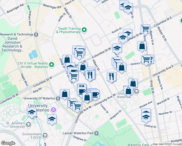 map of restaurants, bars, coffee shops, grocery stores, and more near 311 Batavia Place in Waterloo