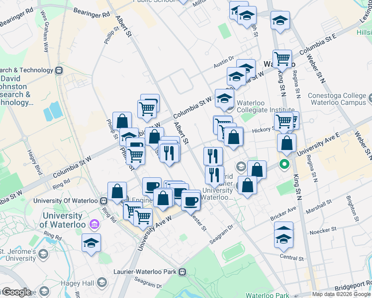 map of restaurants, bars, coffee shops, grocery stores, and more near 285 Albert Street in Waterloo