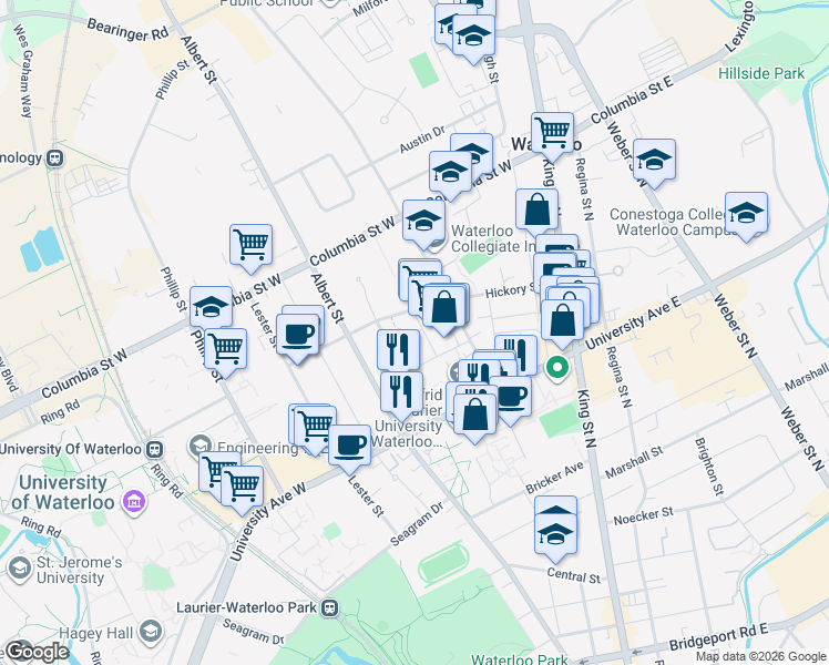 map of restaurants, bars, coffee shops, grocery stores, and more near 275 Larch Street in Waterloo