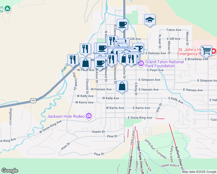 map of restaurants, bars, coffee shops, grocery stores, and more near 150 West Hansen Avenue in Jackson