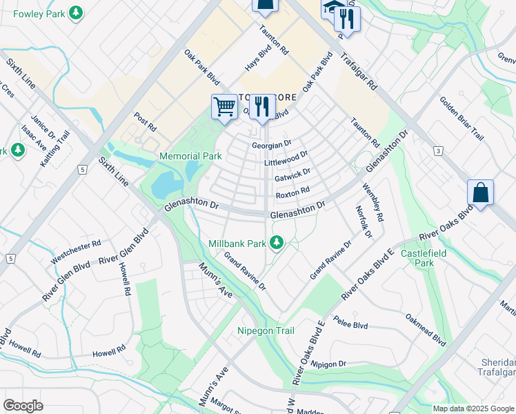 map of restaurants, bars, coffee shops, grocery stores, and more near 134 Glenashton Drive in Oakville