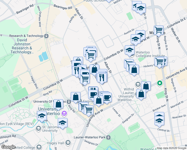 map of restaurants, bars, coffee shops, grocery stores, and more near 325 Lester Street in Waterloo