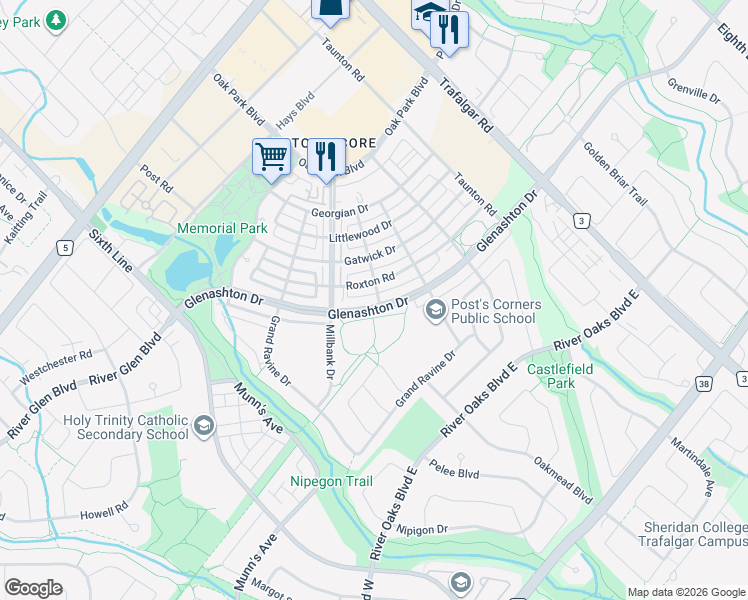 map of restaurants, bars, coffee shops, grocery stores, and more near 2276 Rougecrest Drive in Oakville