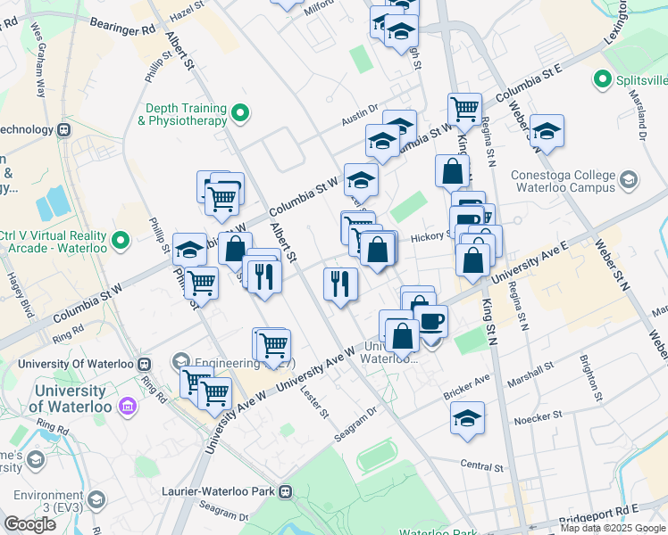 map of restaurants, bars, coffee shops, grocery stores, and more near 275F Larch Street in Waterloo