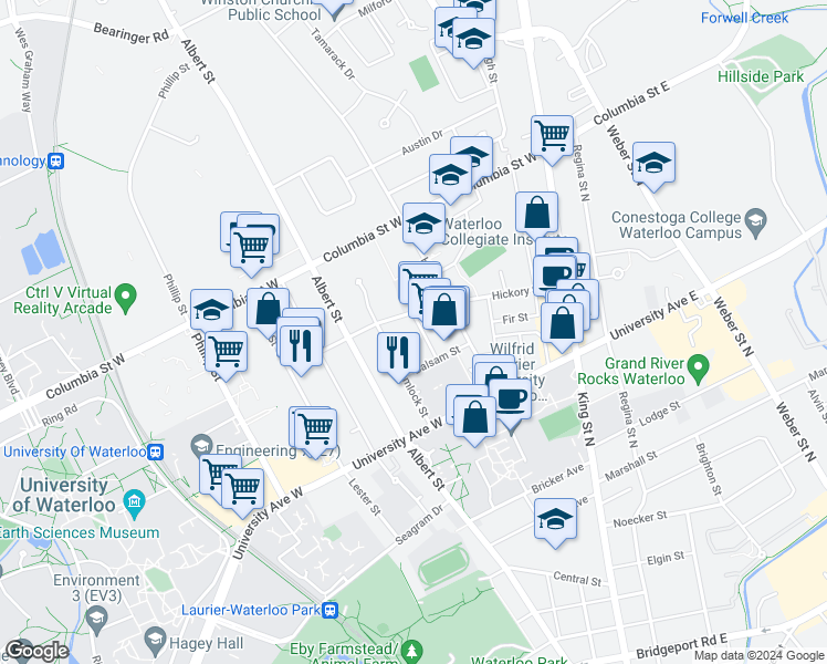 map of restaurants, bars, coffee shops, grocery stores, and more near 72 Hickory Street West in Waterloo