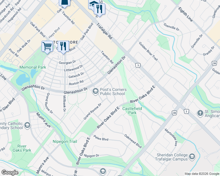 map of restaurants, bars, coffee shops, grocery stores, and more near 267 Wembley Road in Oakville