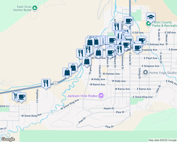 map of restaurants, bars, coffee shops, grocery stores, and more near 520 West Broadway in Jackson