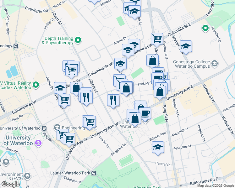 map of restaurants, bars, coffee shops, grocery stores, and more near 72 Hickory Street West in Waterloo