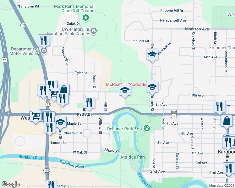 map of restaurants, bars, coffee shops, grocery stores, and more near 149 Berkley Boulevard in Baraboo