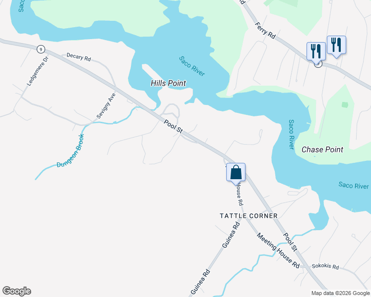 map of restaurants, bars, coffee shops, grocery stores, and more near 4 Hidden Farm Road in Biddeford