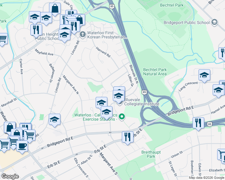 map of restaurants, bars, coffee shops, grocery stores, and more near 87 Christopher Drive in Waterloo