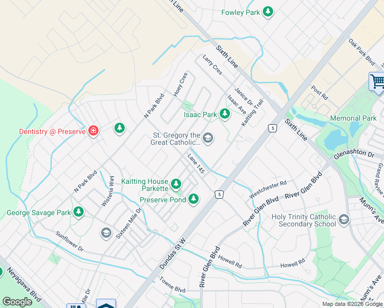 map of restaurants, bars, coffee shops, grocery stores, and more near 3092 Eberly Woods Drive in Oakville