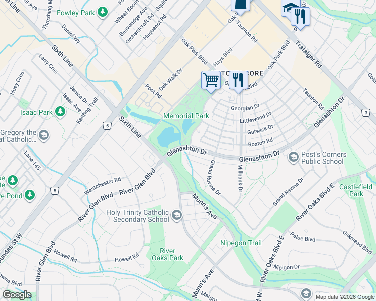 map of restaurants, bars, coffee shops, grocery stores, and more near 40 Glenashton Drive in Oakville