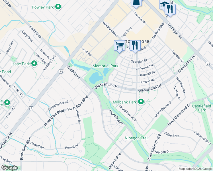 map of restaurants, bars, coffee shops, grocery stores, and more near 40 Glenashton Drive in Oakville