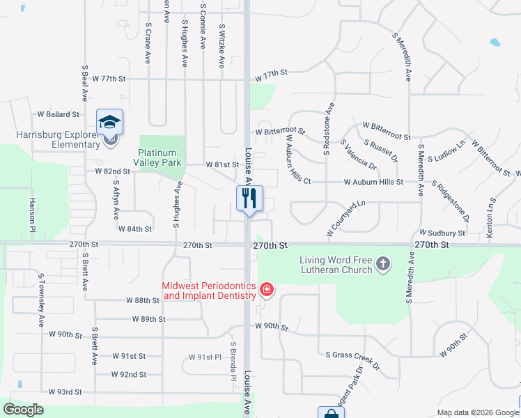 map of restaurants, bars, coffee shops, grocery stores, and more near 3316 West Rambler Place in Sioux Falls