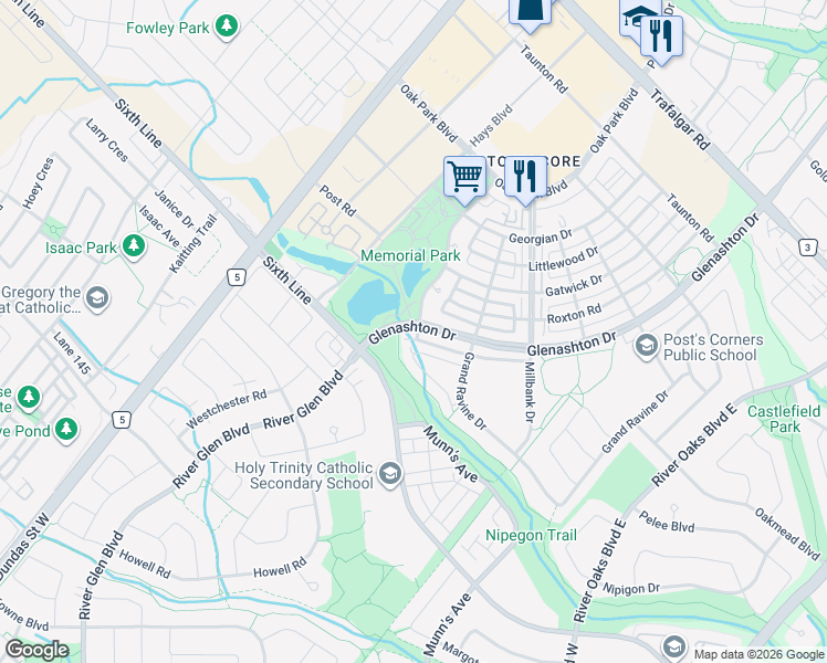 map of restaurants, bars, coffee shops, grocery stores, and more near 2303 Central Park Drive in Oakville