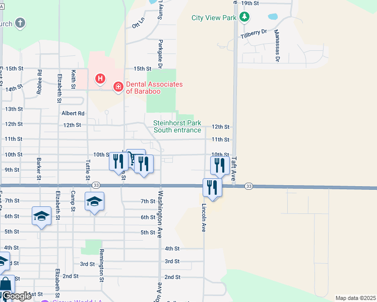 map of restaurants, bars, coffee shops, grocery stores, and more near 1158 11th Street in Baraboo