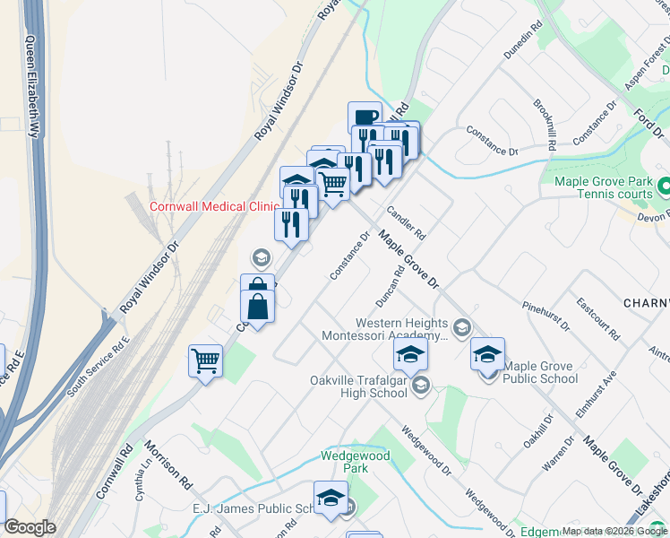 map of restaurants, bars, coffee shops, grocery stores, and more near 1493 Constance Drive in Oakville
