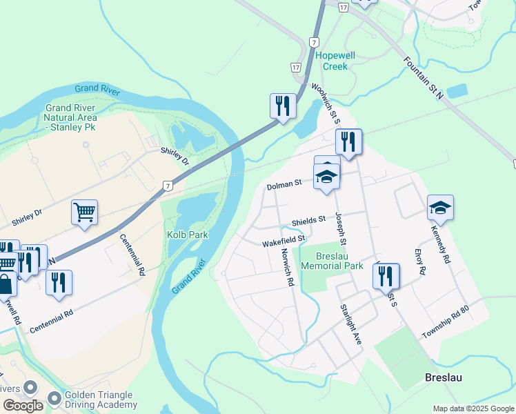 map of restaurants, bars, coffee shops, grocery stores, and more near 122 Dolman Street in Breslau