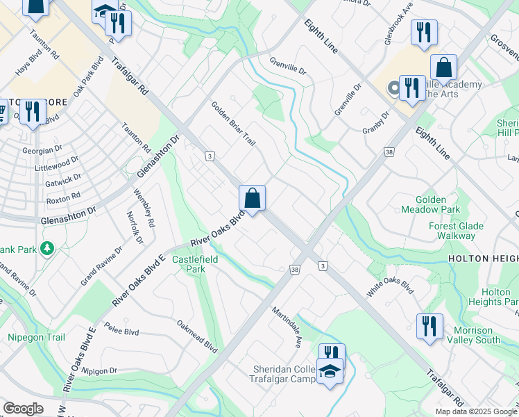 map of restaurants, bars, coffee shops, grocery stores, and more near Trafalgar Road in Oakville