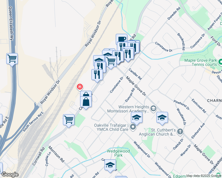 map of restaurants, bars, coffee shops, grocery stores, and more near 1493 Constance Drive in Oakville