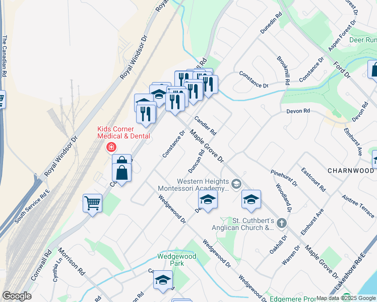 map of restaurants, bars, coffee shops, grocery stores, and more near 1520 Briarwood Crescent in Oakville