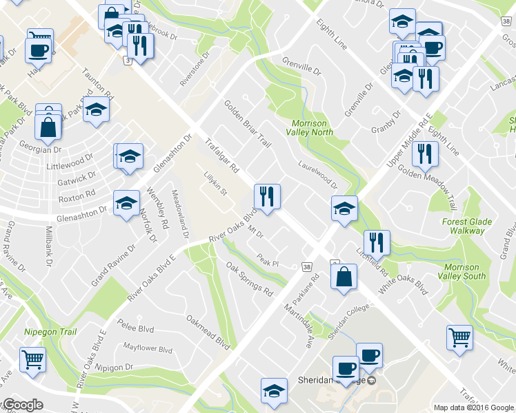 map of restaurants, bars, coffee shops, grocery stores, and more near 316 River Oaks Boulevard East in Oakville