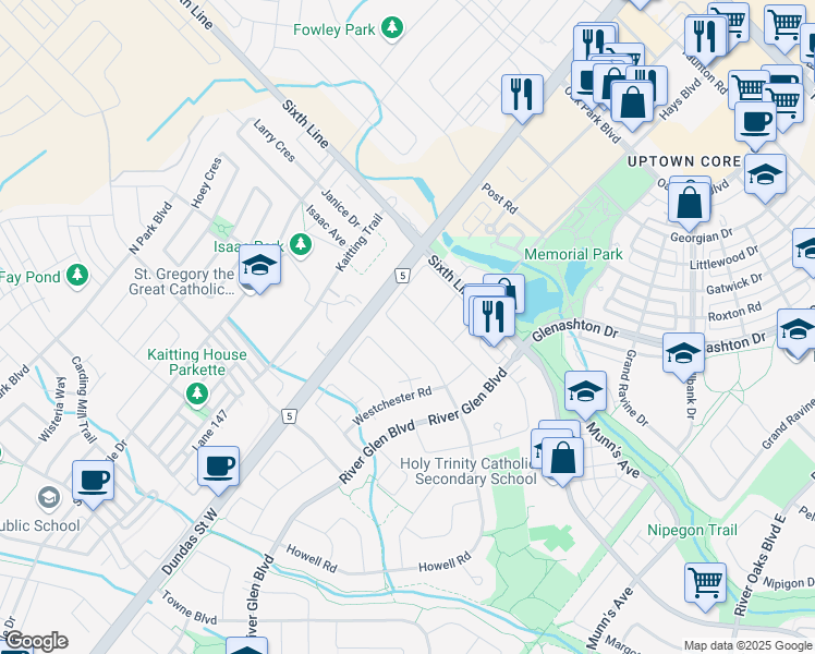 map of restaurants, bars, coffee shops, grocery stores, and more near 188 Westfield Trail in Oakville