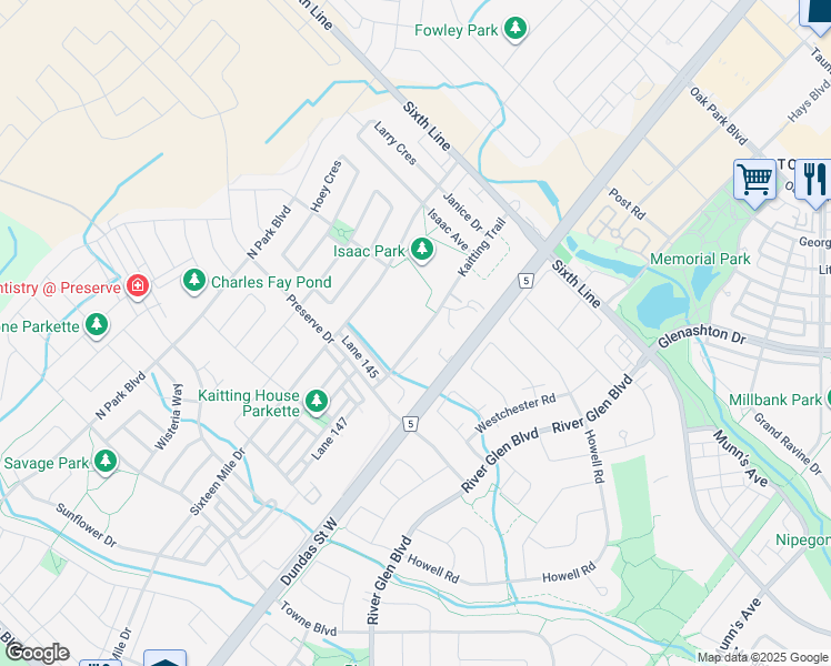 map of restaurants, bars, coffee shops, grocery stores, and more near 119 Kaitting Trail in Oakville