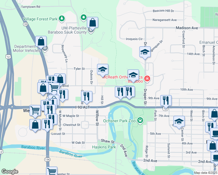 map of restaurants, bars, coffee shops, grocery stores, and more near 149 Berkley Boulevard in Baraboo