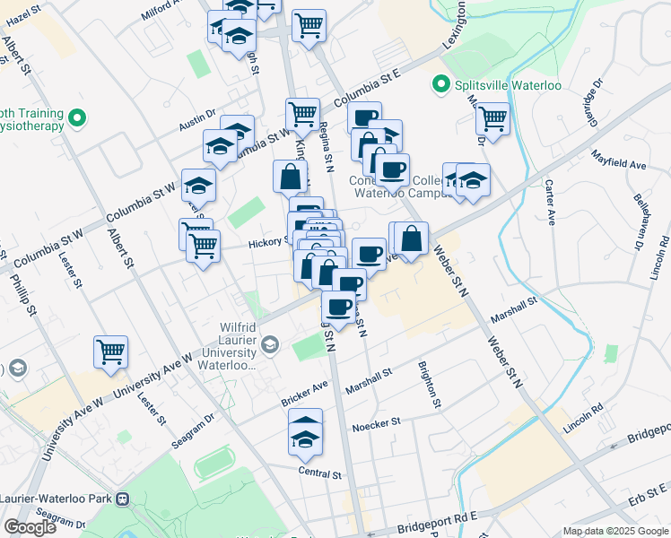 map of restaurants, bars, coffee shops, grocery stores, and more near 258 King Street North in Waterloo