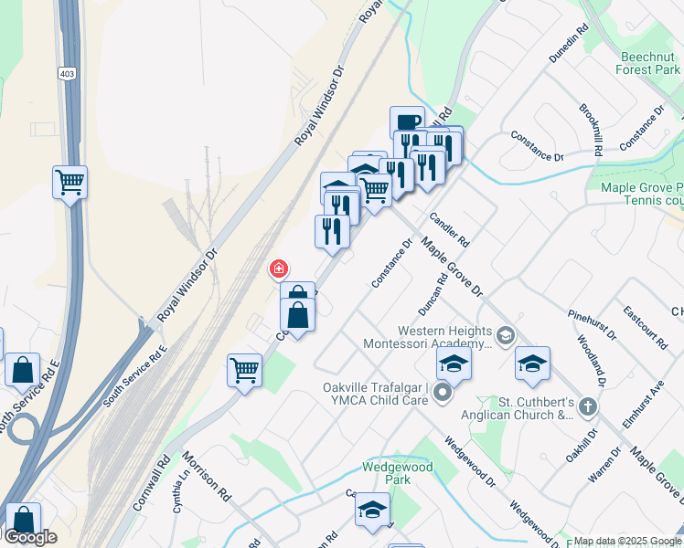 map of restaurants, bars, coffee shops, grocery stores, and more near 1523 Cornwall Road in Oakville