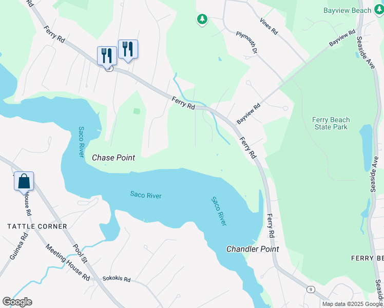 map of restaurants, bars, coffee shops, grocery stores, and more near 19 Windy Point Lane in Saco