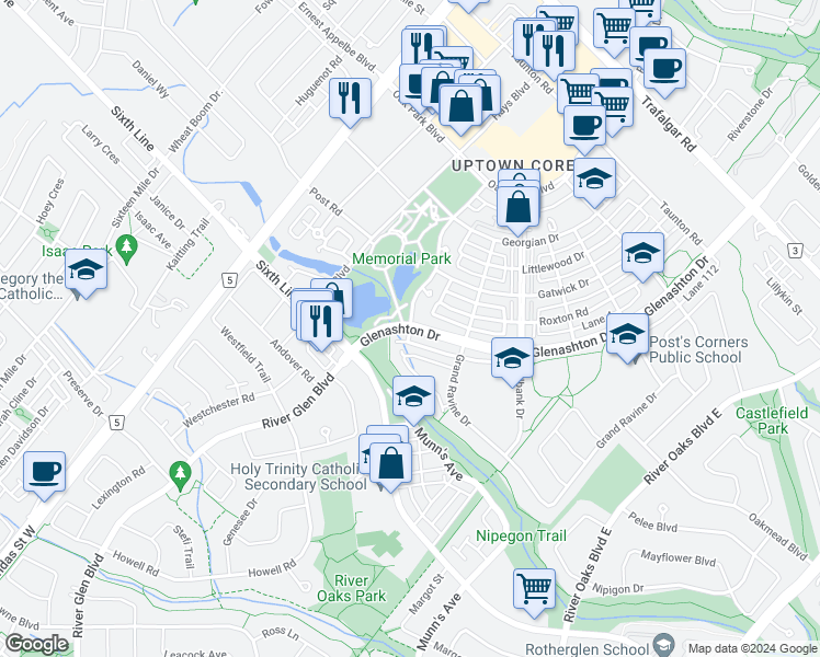 map of restaurants, bars, coffee shops, grocery stores, and more near Glenashton Dr & Central Park Dr in Oakville