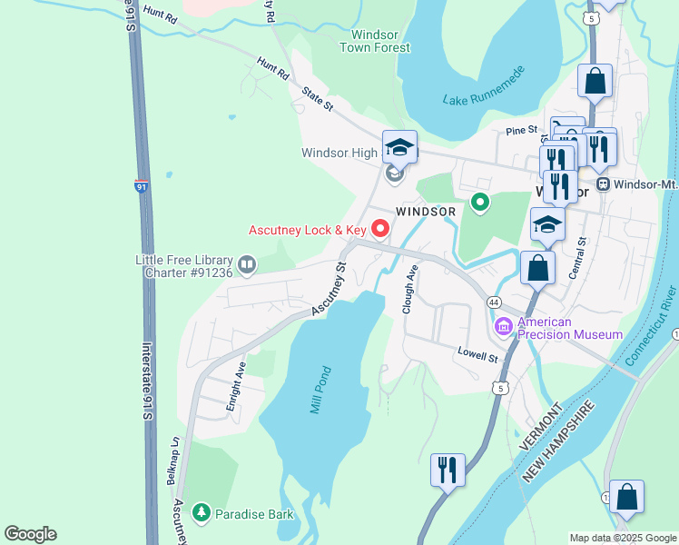 map of restaurants, bars, coffee shops, grocery stores, and more near 57 Ascutney Street in Windsor