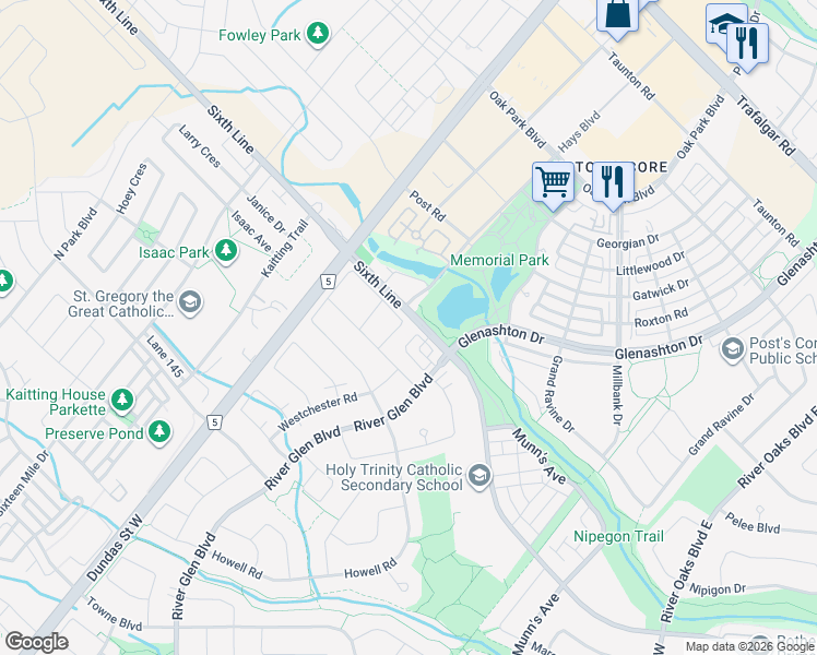 map of restaurants, bars, coffee shops, grocery stores, and more near 57 Westfield Trail in Oakville