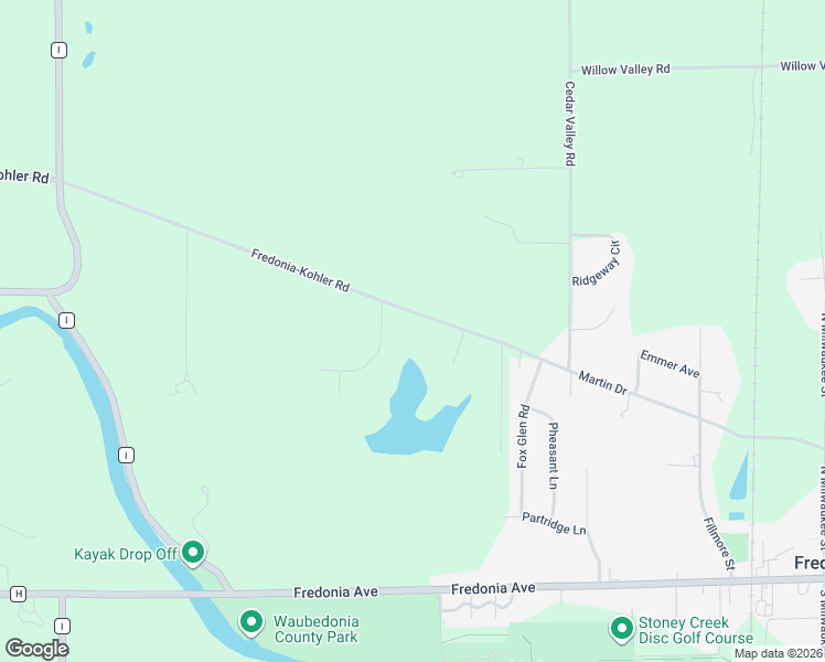 map of restaurants, bars, coffee shops, grocery stores, and more near N5506 Crystal Springs Drive in Fredonia