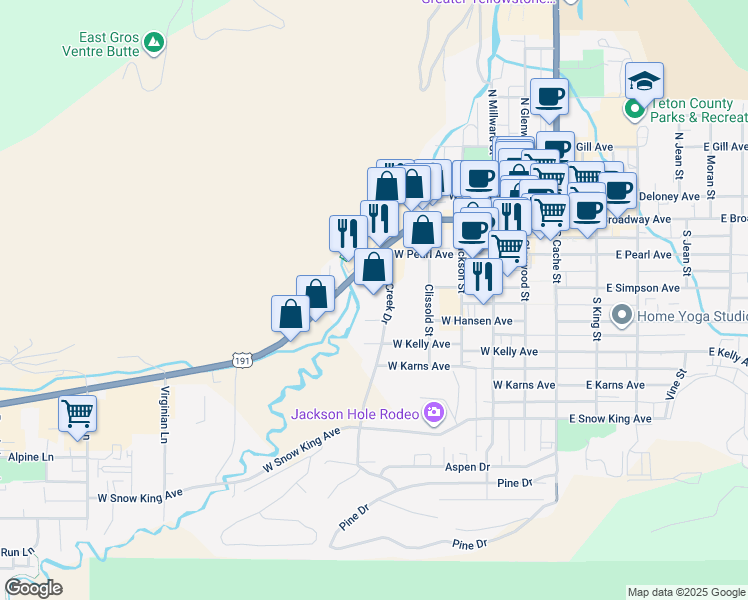 map of restaurants, bars, coffee shops, grocery stores, and more near 520 West Broadway in Jackson