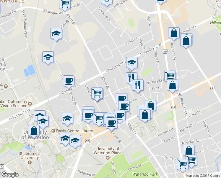 map of restaurants, bars, coffee shops, grocery stores, and more near 287 Hemlock Street in Waterloo