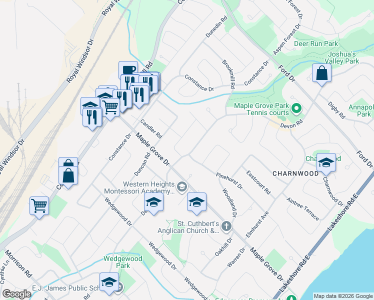 map of restaurants, bars, coffee shops, grocery stores, and more near 2043 Devon Road in Oakville