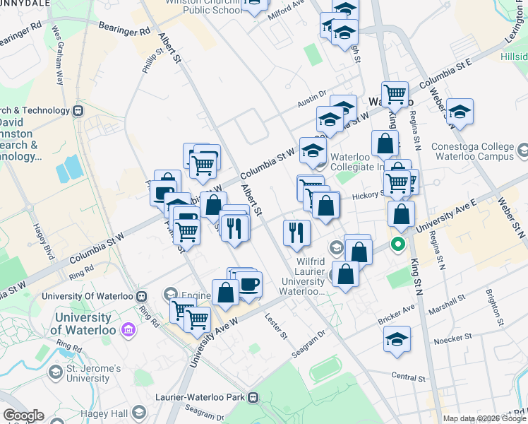 map of restaurants, bars, coffee shops, grocery stores, and more near 289 Hemlock Street in Waterloo