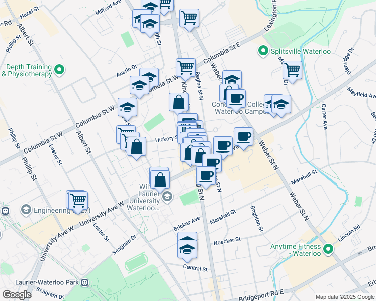 map of restaurants, bars, coffee shops, grocery stores, and more near 298 Spruce Street in Waterloo