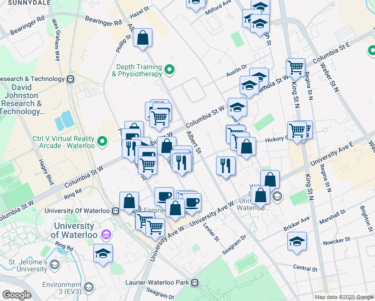 map of restaurants, bars, coffee shops, grocery stores, and more near 316 Batavia Place in Waterloo