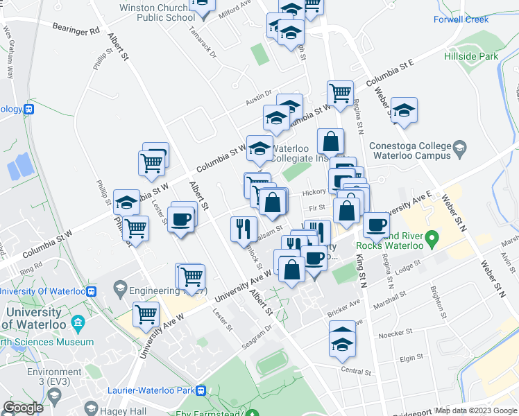 map of restaurants, bars, coffee shops, grocery stores, and more near 62 Balsam Street in Waterloo
